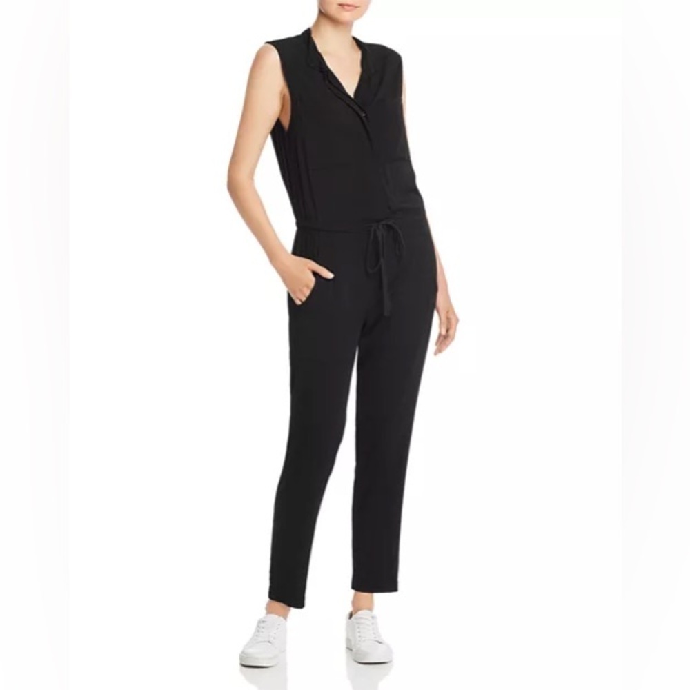 Enza Costa Sleeveless Cropped Black Rayon Band Collar Utility Jumpsuit EUC Sz S